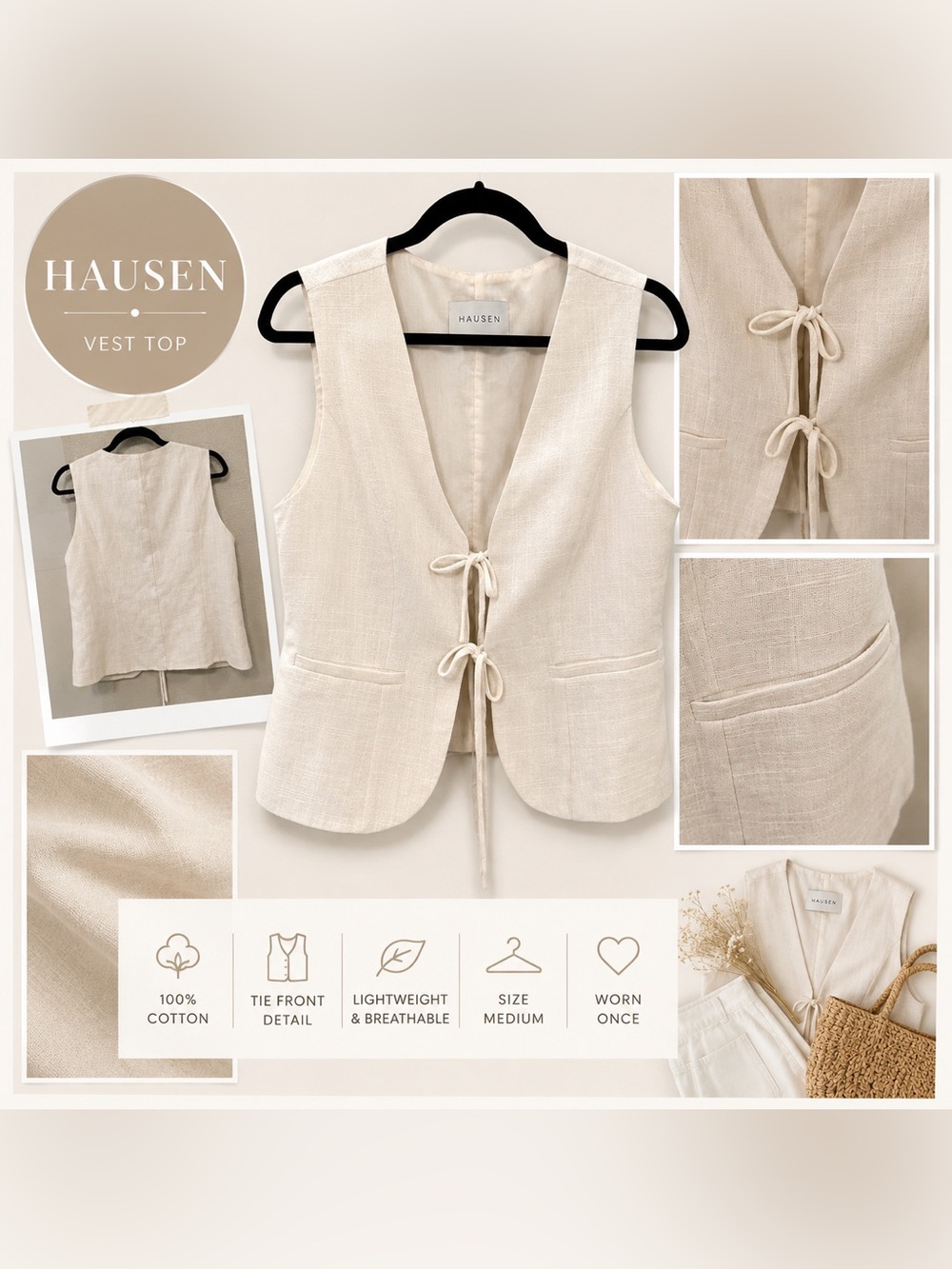 Hausen Cream Tie-Front Cotton Vest Top